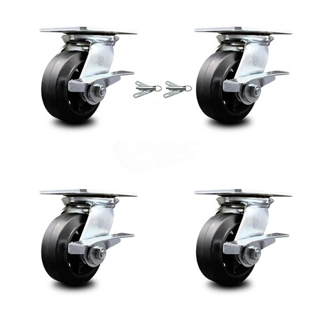 Service Caster 5 Inch Rubber on Steel Caster Set with Roller Bearing 4 Brake and 2 Swivel Lock SCC-35S520-RSR-SLB-BSL-2-SLB-2